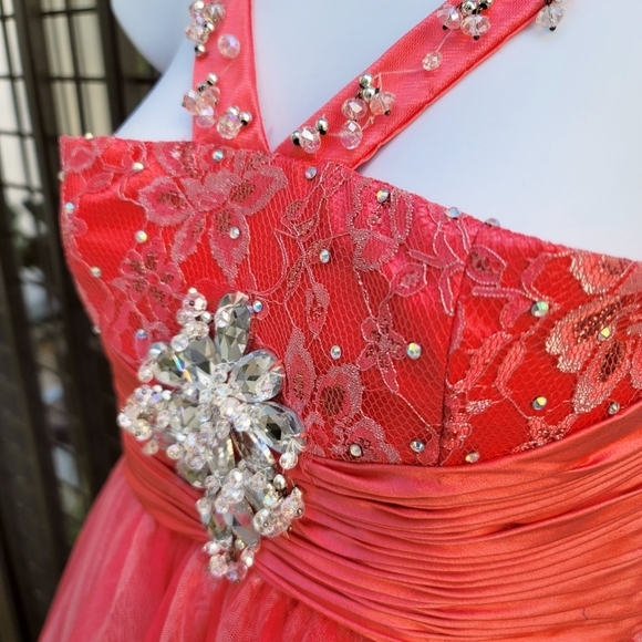 Sherri Hill ✦ Coral Tulle Dress Girls 12 ✦ Beaded Straps Jeweled Brooch Pageant - Picture 8 of 17